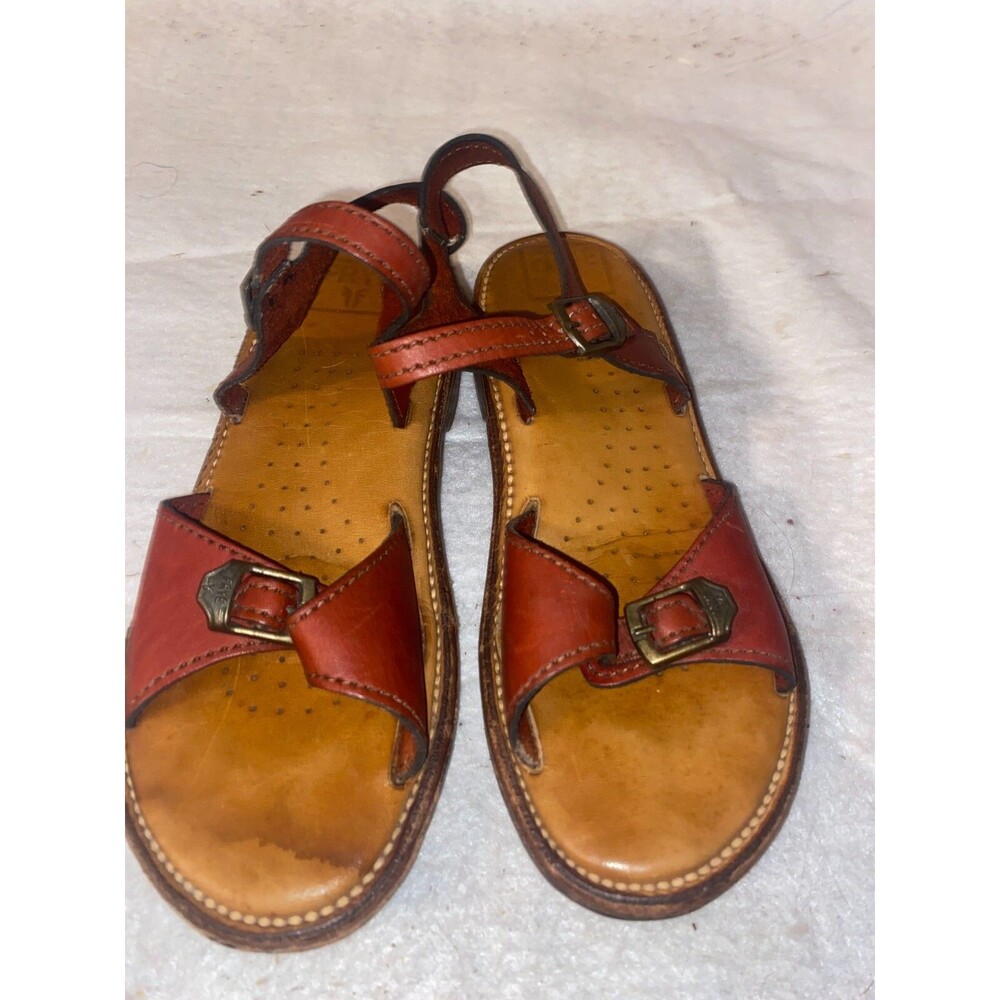 Frye Tan Leather Red Strap Open Toe Heeled Sandals Size 5